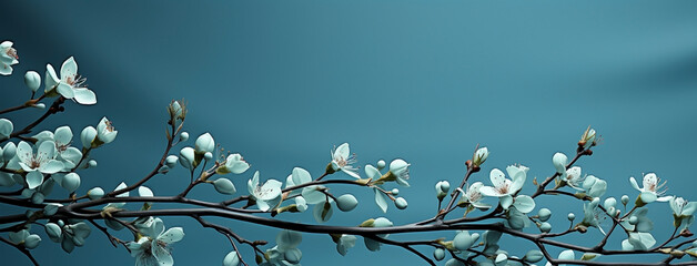 Beautiful wide panoramic plant branch with small flowers and leaves, wallpaper banner in blue color background  