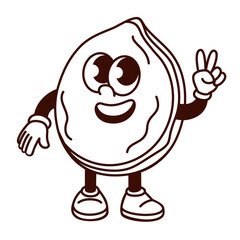 Groovy cartoon monochrome cocoa bean pod character with rock band gesture. Funny retro with V fingers and funky smile, cocoa harvest mascot for chocolate, cartoon sticker of 70s 80s style vector
