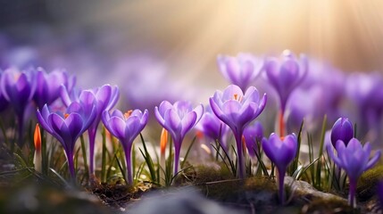 realistic photo of Purple Crocus Flowers in Spring. generative ai