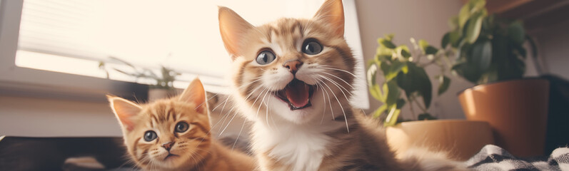 Surprised cats asking for food. Concept of attention and help at home. - Powered by Adobe