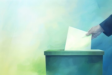 Hand placing a ballot in a box with a soft, abstract blue and green watercolor background