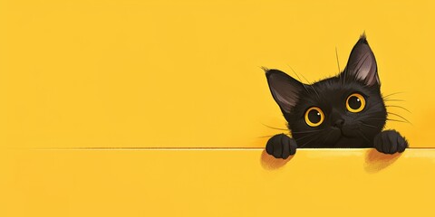 Playful black cat illustration in minimalistic style. Horizontal banner or card with funny pet and with copy space