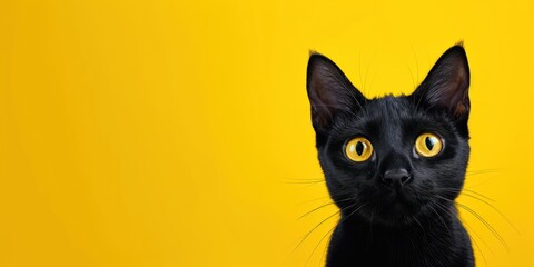 Black cat on a minimalistic background. Cute pet. Horizontal banner with copy space