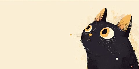 Playful black cat illustration in minimalistic style. Horizontal banner or card with funny pet and with copy space