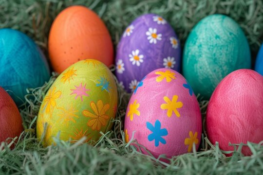 Vibrant easter eggs nestled in lush green grass, adorned with intricate designs, evoke feelings of joy and anticipation for the holiday