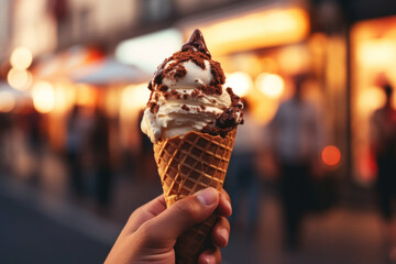 Hand holding chocolate ice cream cone - Powered by Adobe