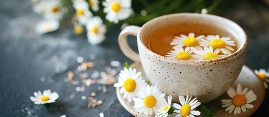 Close-up of chamomile herbal tea in a cup.