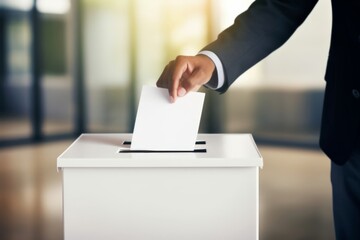 Close-up of a hand placing a vote into a white ballot box in a well-lit office environment