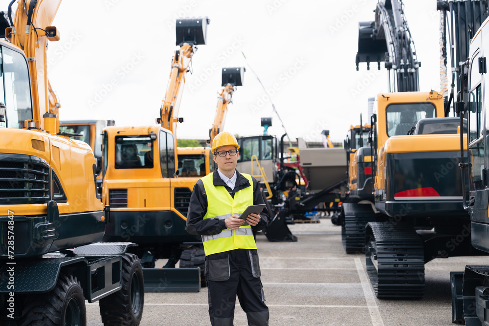 Poster Engineer in a helmet with a digital tablet stands next to construction excavators..