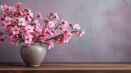 Fototapeta na wymiar realistic photo Beautiful pink flowers in a vase on a wooden table, with a wall in the background. generative ai