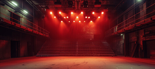 Boxing ring in a spacious empty sports club. Arena for professional boxing matches, illuminated by powerful spotlights. Red lighting.