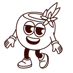 Groovy coconut monochrome character walking. Funny retro nut, mascot smiling, cartoon coconut drink emoji and cocktail sticker of 70s 80s style vector illustration