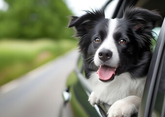 A border collie sticking head out driving car window
