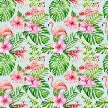 Seamless watercolor floral pattern, pink flamingo bird, summer background tropical hibiscus flowers, palm leaf Hawaiian
