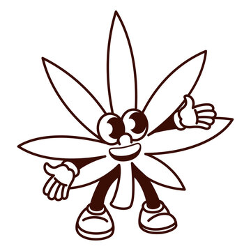 Groovy cartoon monochrome hemp character with happy smile. Funny retro marijuana plant with leaves for hippie party, cannabis mascot, cartoon legal narcotic sticker 70s 80s style vector illustration