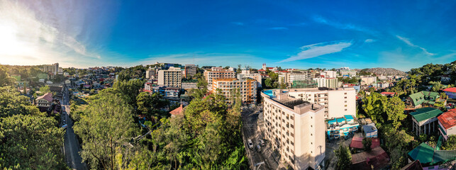 Baguio City, Philippines - Jan 16, 2024: Panoramic aerial of Midrise condominium buildings and...