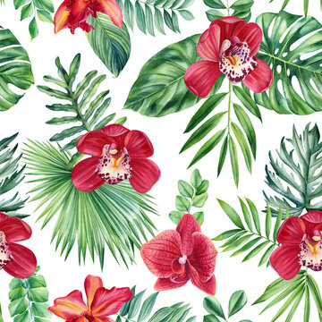 Seamless watercolor floral pattern tropical background palm leaf monstera. Wallpaper Hawaiian style. Red Orchid flower 