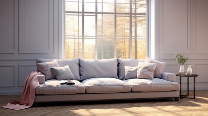 Gray sofa with cushions in spacious, well-lit living room, perfect for text or design elements