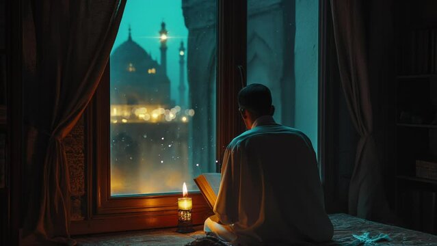 Ramadan mubarak, man reading praying with mosque background animation looping video 4k