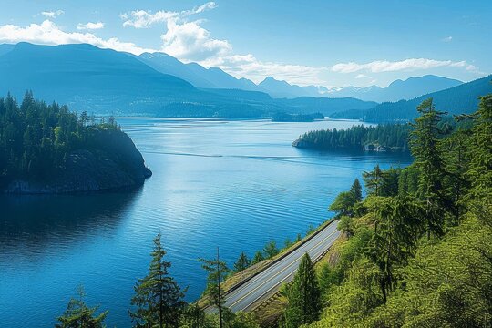 Amidst the picturesque landscape of the lake district, a winding road runs alongside a tranquil loch, surrounded by towering mountains and lush trees, inviting travelers to explore the beauty of natu