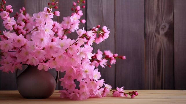 realistic photo Beautiful pink flowers in a vase on a wooden table, with a wall in the background. generative ai