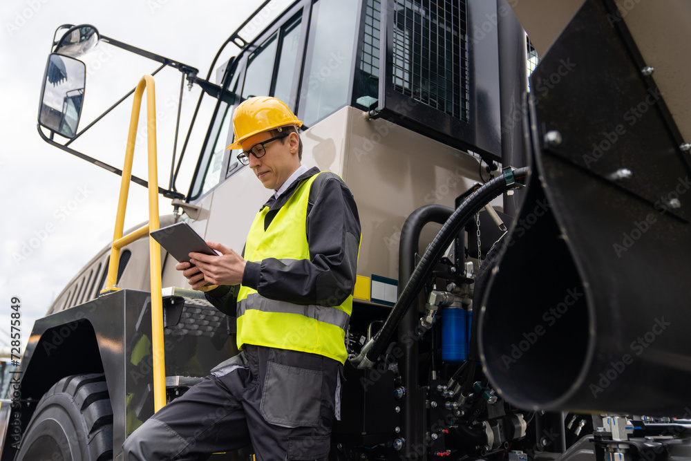 Poster engineer with tablet computer stands on the stairs to the cab of a truck.