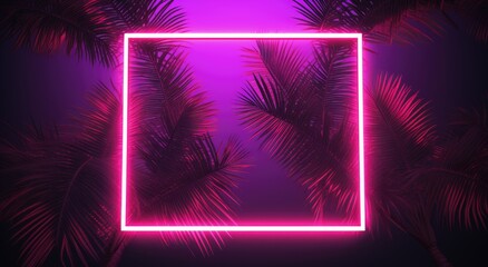 Illuminated by neon lights, palm leaves adorn a vibrant frame, infusing the scene with a touch of tropical charm and modern flair.