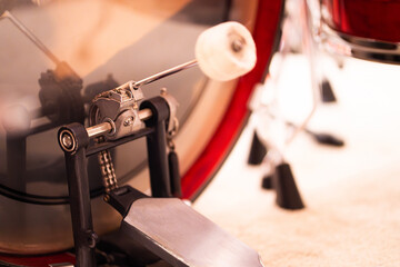 Close-up of drum set pedals Part of the equipment that produces sound Drum set in the studio