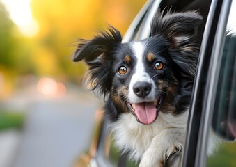 A border collie sticking head out driving car window
