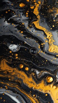 a Gold and Black swirl pattern wallpaper with bubbles, in the style of conceptual painting, delicate chromatics, fluid acrylics, white background, mixes painting and ceramics - generative ai