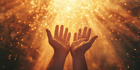Human hands stretched out to the rays of the sun - obrazy, fototapety, plakaty