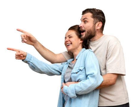 Isolated happy heterosexual couple pointing fingers on promotional product. - Powered by Adobe