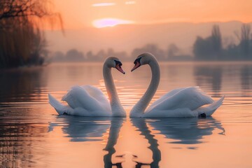Two majestic swans gracefully glide through the serene water, their elegant forms illuminated by the vibrant hues of the sunrise and mirrored in the tranquil lake below
