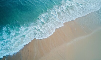 A view of a secluded beach from above, with gentle waves lapping at the sand, and a band of foam that seems to draw the boundaries of the world.