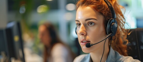 Female telephone operator with headset demonstrating exceptional communication skills and attentive customer service, accompanied by colleagues in call center setting.
