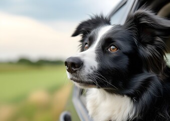 Fototapeta premium A border collie sticking head out driving car window 