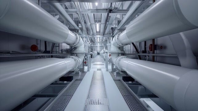 Tunnels, equipment, cables and pipes found in a modern industrial power plant. Wide angle.