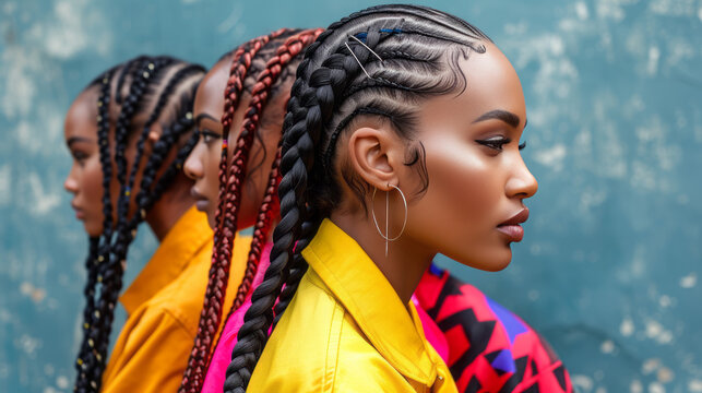 Close-up portrait of three young multiethnic women with stylish hairdo. Charming dark-skinned girls with thin African braids, gathered into a hairstyle. Diversity and ethnic style in street fashion.