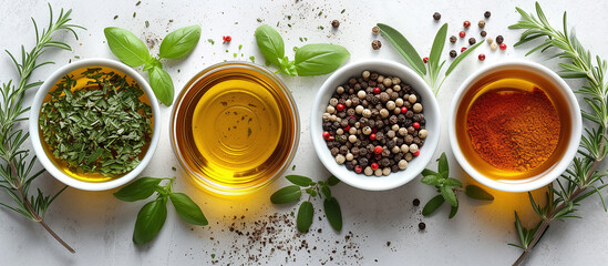 olive oil, herbs and spices, top view on white background