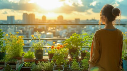Young asian woman looking at the sunset on the balcony with flowers. Gardening and agriculture concept. Generative AI.