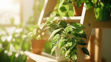 Houseplants on wooden ladder indoor. Home interior design with plants