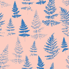 Blue Ferns Decorative vector seamless pattern. Repeating background. Tileable wallpaper print.
