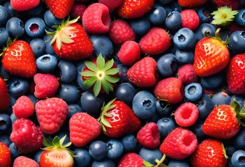 A close-up shot of a berry laden with plump strawberries, blueberries, and raspberries, offering a delightful blend of colors and textures. - obrazy, fototapety, plakaty