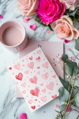 Valentine's Day card placed next to flowers and coffee on a table, AI-generated.