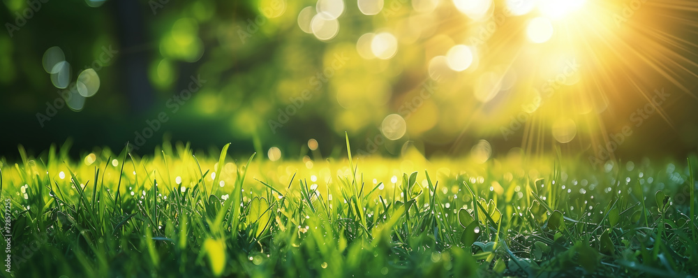 Wall mural green grass blurred background with sun rays on a meadow in the park