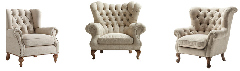 A set of button-tufted wingback chairs in a neutral tone, isolated on a transparent background.