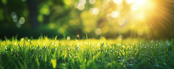 green grass blurred background with sun rays on a meadow in the park