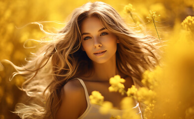 a beautiful young woman in a yellow field, in the style of luminous light effects, wavy, delicate flowers