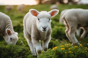 Obraz premium A contented mammal grazes on the lush, green grass of a vast outdoor field, its snout raised to the sky as it stands in the midst of its fellow livestock