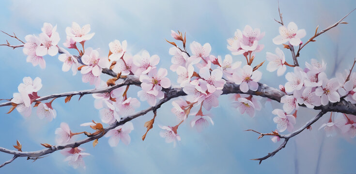a painting of flowers with blue sky that is pink and pink, in the style of digital painting